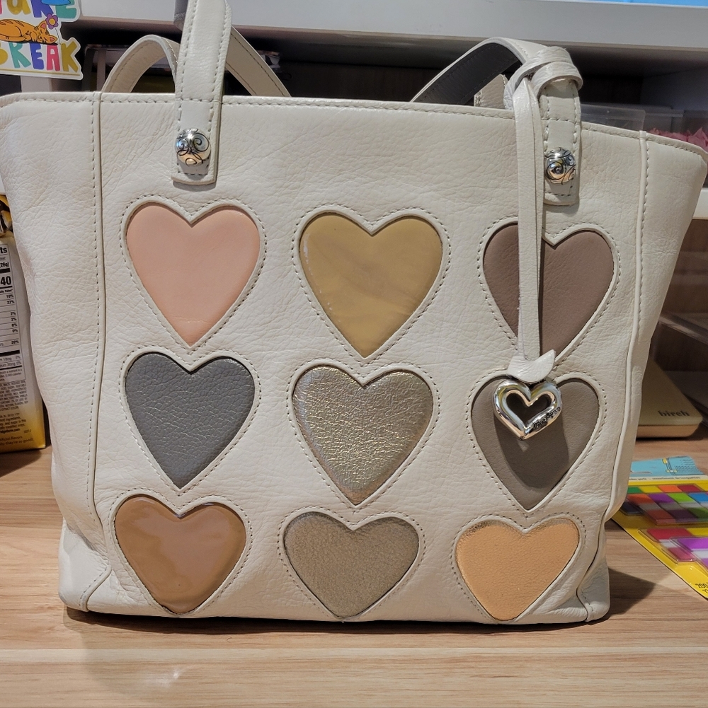 Beautiful Brighton White Heart Leather Patchwork Tote Bag with Pastel Accents